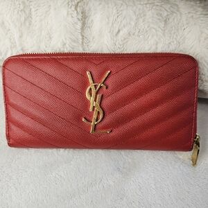 SAINT LAURENT YSL Leather Chevron Monogram Zippy Wallet Red